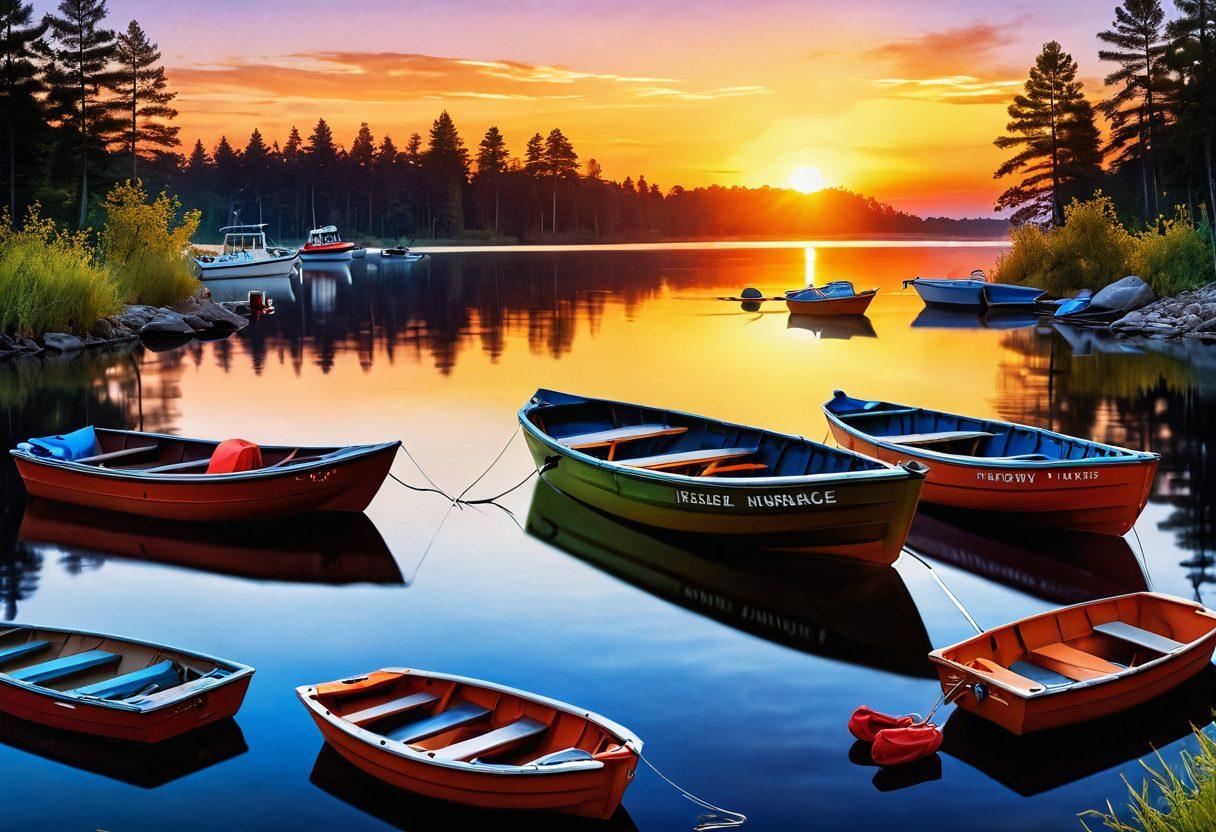 A detailed illustration of a serene lake with various types of boats, accented by vibrant insurance policy documents floating on the water. A sunset casting warm hues over the scene, highlighting the importance of protecting one's watercraft. Include symbols of security and safety, such as a life buoy and a locked treasure chest, to represent the concept of insurance. super-realistic. vibrant colors. peaceful setting.