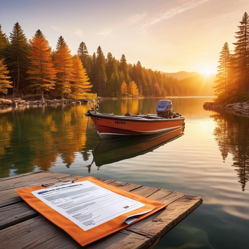 A serene lake scene with a well-maintained boat docked at a pristine shore, showcasing safety measures like life jackets and a visible insurance document. In the background, a sunset casts a golden glow, symbolizing tranquility and protection. The image emphasizes the importance of liability coverage with icons representing financial security and accidental damage. super-realistic. vibrant colors. serene atmosphere.