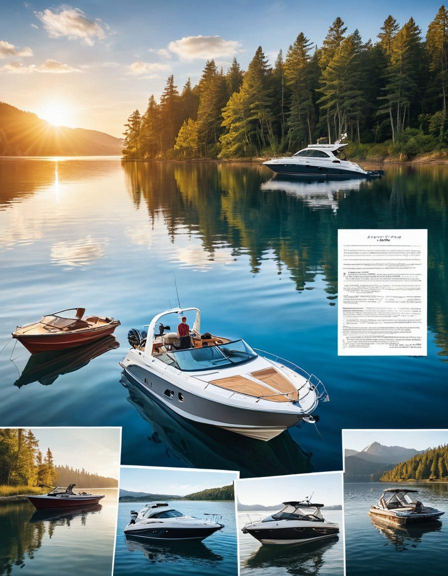 A stunning collage of various watercraft, including a rustic fishing boat, a sleek yacht, and a vibrant jet ski, overlaid with tailored insurance documents. Incorporate a serene lake scene with sunlit reflections, symbolizing protection and luxury. Use rich blues and golden hues to convey the essence of water and wealth. Include elements like a compass and fishing gear subtly in the background. super-realistic. vibrant colors. 3D.